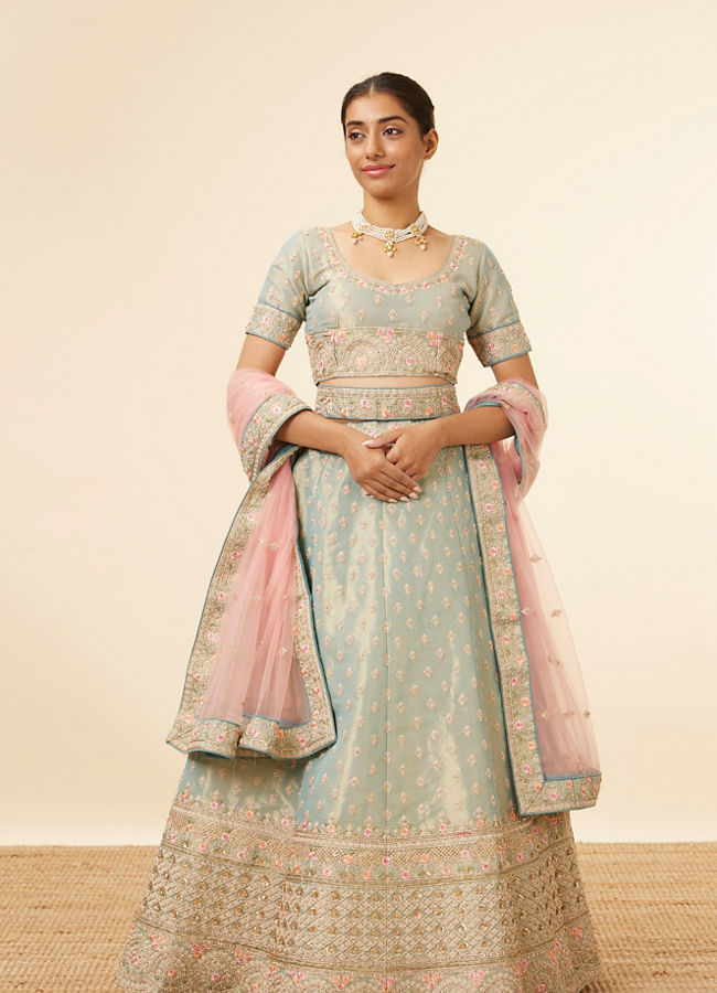 alt message - Mohey Women Sea Green All over Buti Work Lehenga image number 0